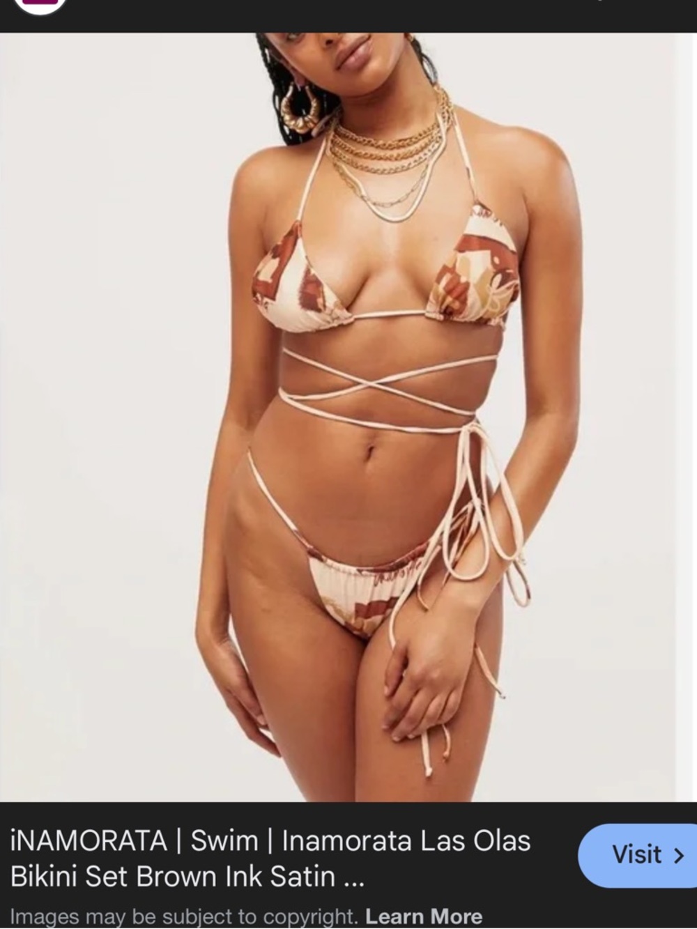 iNAMORATA Las Olas Brown & Cream Tie-String Triangle Bikini Set - Women Swim